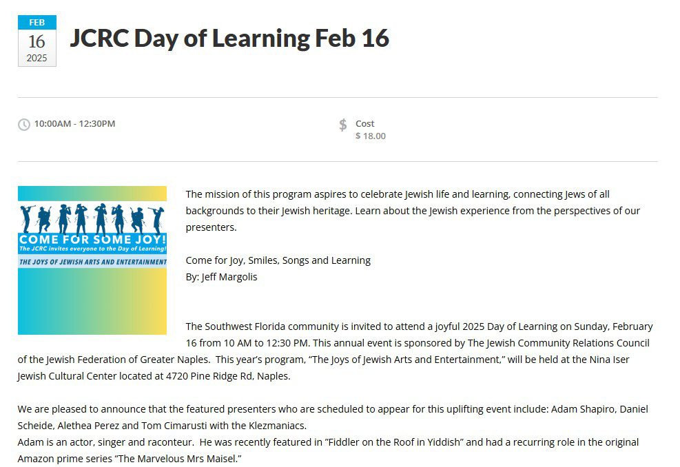 Screenshot of event listing at Jewish Federation of Greater Naples