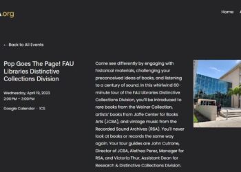 Alethea Perez presenting at FAU Libraries’ “Pop Goes The Page!” event, showing rare books, artists’ books, and archival recordings to attendees.