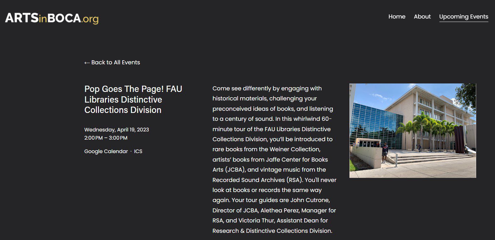 Alethea Perez presenting at FAU Libraries’ “Pop Goes The Page!” event, showing rare books, artists’ books, and archival recordings to attendees.